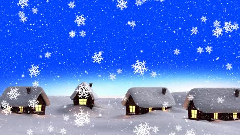 Animación-Digital-De-Nieve-Cayendo-Sobre-Varias-Casas-En-Un-Paisaje-Invernal