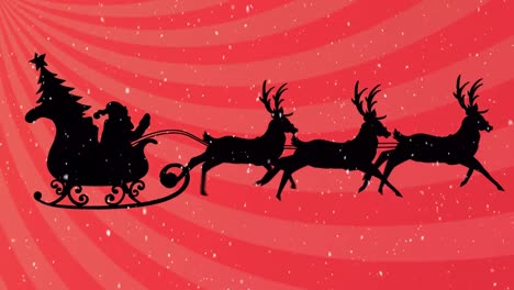 Animation-of-black-silhouette-of-santa-claus-and-christmas-tree-in-sleigh-being-pulled-by-reindeer-w