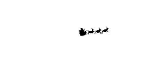 Animation-of-black-silhouette-of-santa-claus-in-sleigh-being-pulled-by-reindeer-on-white-background