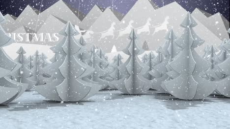 Digitale-Animation-Von-Schnee,-Der-über-Den-Text-„Frohe-Weihnachten“-Und-Den-Weihnachtsmann-Und-Den-Weihnachtsbaum-Fällt