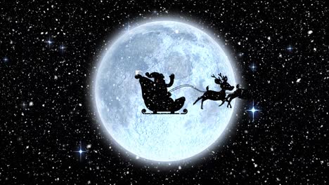 Digital-animation-of-snow-falling-over-black-silhouette-of-santa-claus-in-sleigh