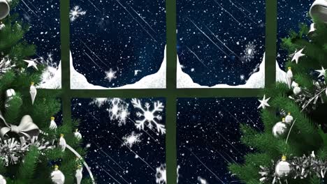 Digital-animation-of-two-christmas-trees-and-window-frame-against-snowflakes-falling