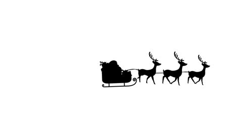 Digital-animation-of-black-silhouette-of-santa-claus-in-sleigh-being-pulled-by-reindeers-against-whi