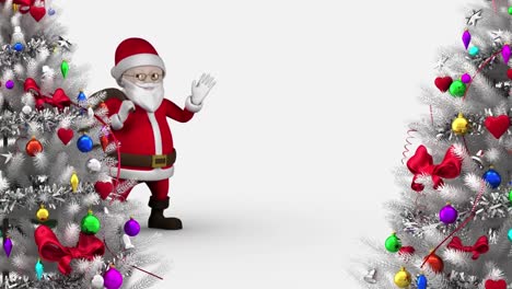 Digitale-Animation-Des-Winkenden-Weihnachtsmanns-Und-Zweier-Weihnachtsbäume-Vor-Weißem-Hintergrund