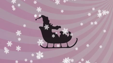 Animation-of-black-silhouette-of-santa-claus-in-sleigh-with-snow-falling-and-purple-stripes-in-the-b