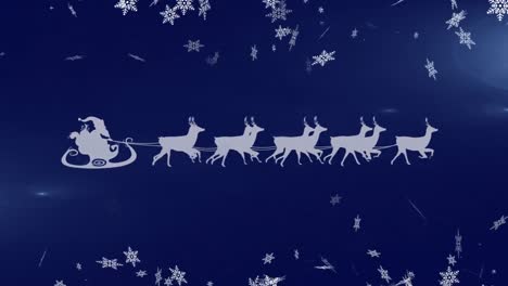 Digitale-Animation-Von-Schneeflocken,-Die-über-Die-Silhouette-Des-Weihnachtsmanns-Im-Schlitten-Fallen