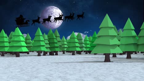 Digital-animation-of-rows-of-trees-on-winter-landscape-and-silhouette-of-santa-claus-in-sleigh