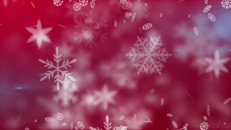 Digital-animation-of-snowflakes-moving-against-red-background