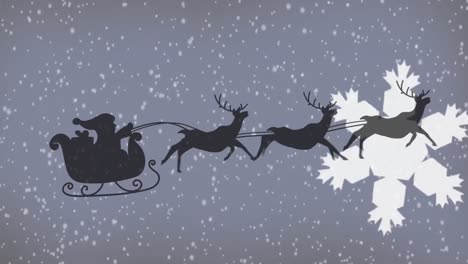 Animation-of-black-silhouette-of-santa-claus-in-sleigh-being-pulled-by-reindeer-with-snow-falling-on