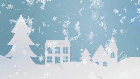 Animation-Von-Schnee,-Der-über-Eine-Winterlandschaft-Mit-Bäumen-Und-Häusern-Auf-Blauem-Hintergrund-Fällt