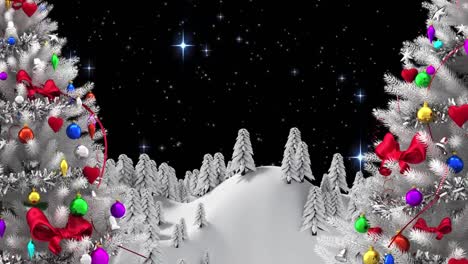 Digital-animation-of-snow-falling-over-two-christmas-trees-on-winter-landscape-against-stars-shining