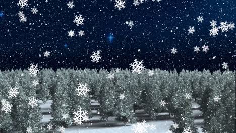 Digital-animation-of-snowflakes-falling-over-multiple-trees-on-winter-landscape-against-stars