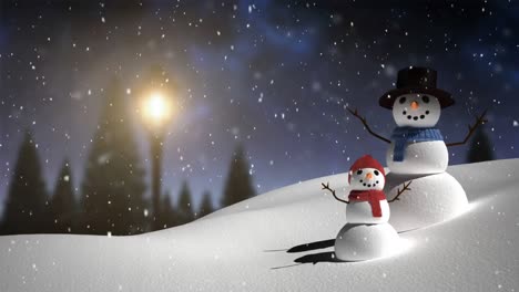 Digitale-Animation-Von-Schnee,-Der-über-Männliche-Und-Kleine-Schneemänner-In-Der-Winterlandschaft-Fällt