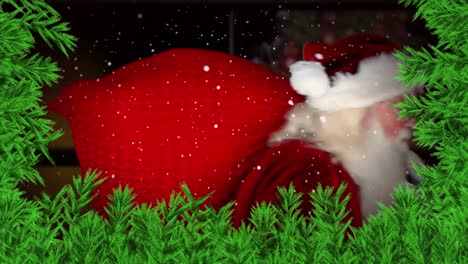 Digitale-Animation-Von-Grünen-Zweigen-Und-Schnee,-Der-über-Den-Weihnachtsmann-Fällt,-Der-Einen-Geschenksack-Mit-Dem-Finger-Trägt