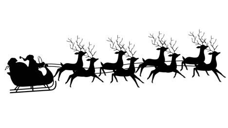 Digital-animation-of-black-silhouette-of-santa-claus-in-sleigh-being-pulled-by-reindeers-