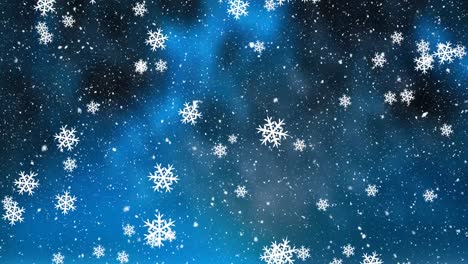 Digital-animation-of-snowflakes-falling-against-bright-spot-of-light-on-blue-gradient-background