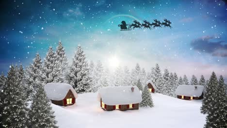 Digitale-Animation-Des-Schneefalls-Und-Der-Silhouette-Des-Weihnachtsmanns-Im-Schlitten,-Der-Von-Rentieren-Gezogen-Wird