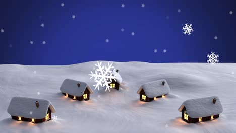 Digital-animation-of-snowflakes-falling-over-multiple-house-on-winter-landscape