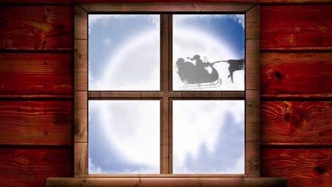 Digital-animation-of-wooden-window-frame-against-silhouette-of-santa-claus-in-sleigh