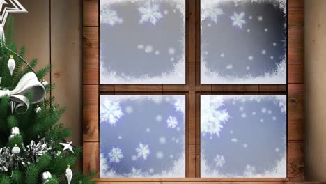 Digital-animation-of-christmas-tree-and-wooden-window-frame-against-snowflakes-on-winter-landscape