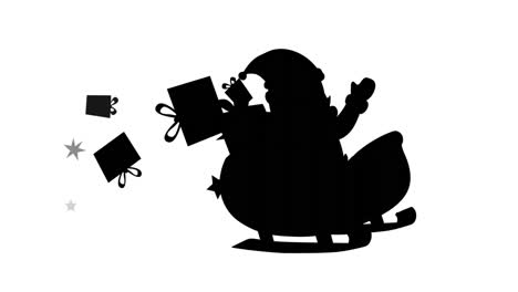 Animation-of-black-silhouette-of-santa-claus-in-sleigh-waving-and-presents-falling-out-on-white-back