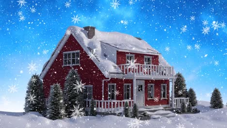 Digital-animation-of-snowflakes-falling-against-house-on-winter-landscape