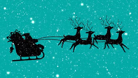Digital-animation-of-snow-falling-over-black-silhouette-of-santa-claus-in-sleigh