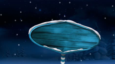 Digital-animation-of-blue-wooden-sign-post-against-sky-moving-against-winter-landscape