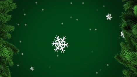 Digitale-Animation-Von-Schneeflocken-Und-Sternen,-Die-Sich-Vor-Grünem-Hintergrund-Bewegen