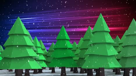 Animation-Mehrerer-Tannenbäume-Mit-Schnee,-Der-Auf-Einen-Violetten-Bis-Rosafarbenen-Hintergrund-Fällt