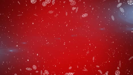 Digitale-Animation-Von-Schneeflocken,-Die-Gegen-Lichtpunkte-Auf-Rotem-Hintergrund-Fallen