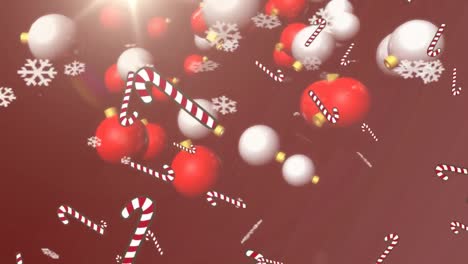 Digital-animation-of-multiple-christmas-baubles-and-candy-canes-falling-against-bright-spot-of-light