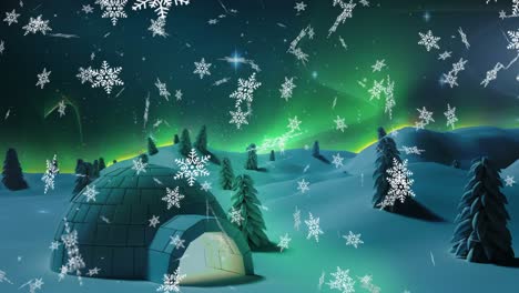 Digital-animation-of-snowflakes-falling-over-igloo-on-winter-landscape-against-moon-in-night-sky