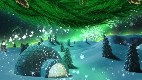 Digital-animation-of-christmas-wreath-decoration-against-snow-falling-over-igloo-on-winter-landscape