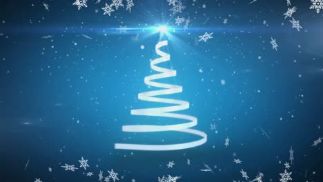 Animation-of-multiple-snowflakes-falling-and-glowing-christmas-tree-on-blue-background