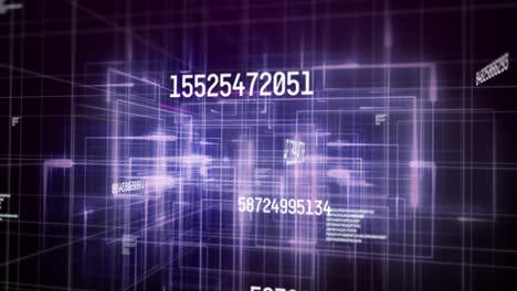 Animation-of-white-numbers-changing-and-data-processing-over-glowing-purple-grid-on-black-background