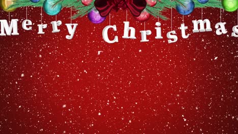 Digital-animation-of-snow-falling-over-merry-christmas-text-and-decorations-against-red-background
