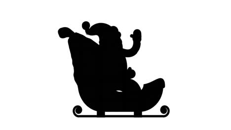 Animation-of-black-silhouette-of-santa-claus-in-sleigh-waving-on-white-background