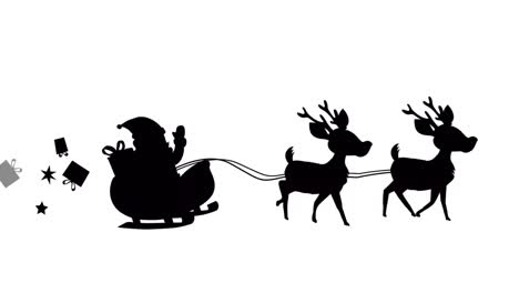 Digital-animation-of-black-silhouette-of-santa-claus-and-christmas-gift-boxes-in-sleigh