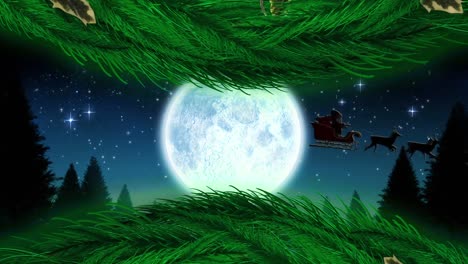 Digital-animation-of-christmas-wreath-and-silhouette-of-santa-claus-in-sleigh-being-pulled-by-reinde