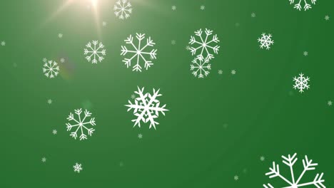 Digitale-Animation-Von-Schneeflocken,-Die-Vor-Einem-Hellen-Lichtfleck-Auf-Grünem-Hintergrund-Fallen