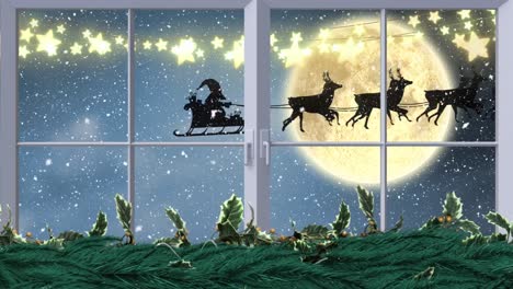Digital-animation-of-fairy-lights-and-window-frame-against-snow-falling