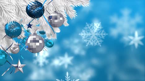 Digital-animation-of-christmas-bauble-and-star-decoration-on-christmas-tree-against-snowflakes