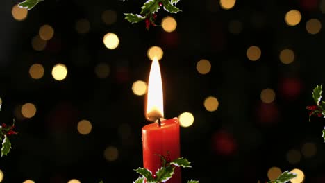Digital-animation-of-christmas-wreath-decoration-over-burning-candle-against-spots-of-lights