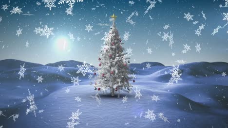 Digitale-Animation-Von-Schneeflocken,-Die-über-Den-Weihnachtsbaum-In-Der-Winterlandschaft-Fallen