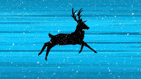 Digital-animation-of-snow-falling-over-black-silhouette-of-reindeers-against-light-trails