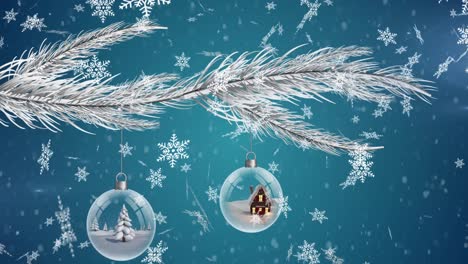 Animation-of-white-fir-tree-branch-with-hanging-glass-christmas-baubles