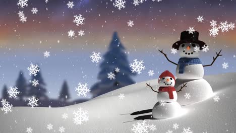 Digitale-Animation-Von-Schneeflocken,-Die-über-Einen-Männlichen-Und-Einen-Kleinen-Schneemann-In-Einer-Winterlandschaft-Fallen