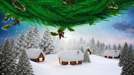 Digital-animation-of-christmas-wreath-against-snow-falling-over-multiple-houses-and-trees-on-winter-
