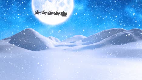 Digitale-Animation-Von-Schnee,-Der-über-Die-Winterlandschaft-Fällt,-Und-Die-Silhouette-Des-Weihnachtsmanns